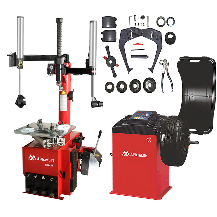 APlusLift THA-28 Tire Wheel Changer and WBS-500 Tire Wheel Balancer with Wheel Hood Protector Combo New Integrated Power Unit
